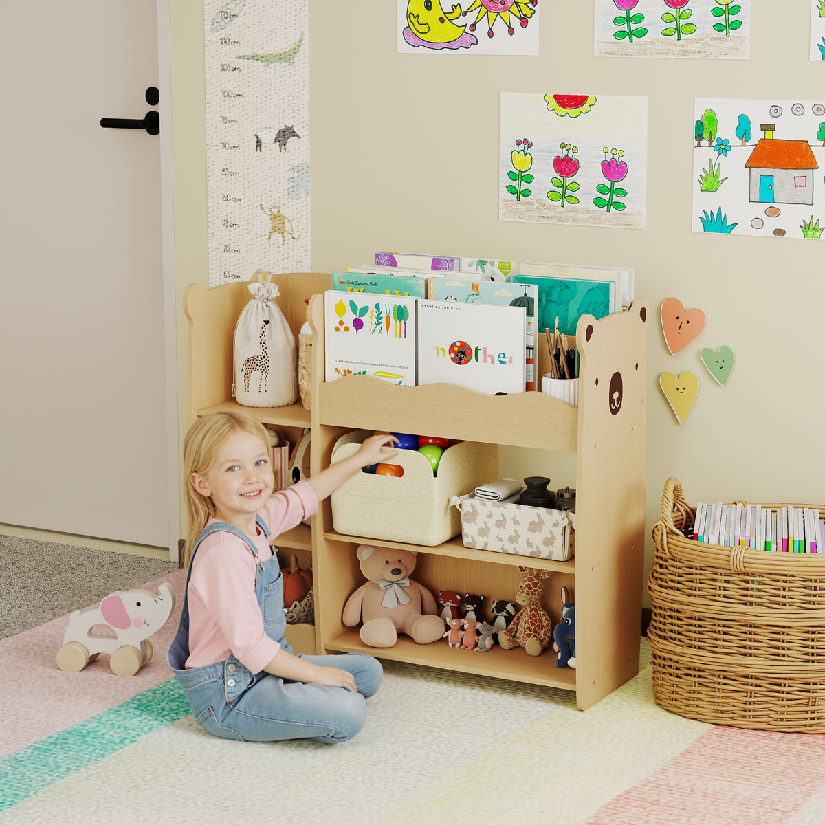 Meuble rangement enfant 3 niveaux, étagère de rangement pour jouets enfants avec étagères ouvertes, 92x29x79cm, naturel-9