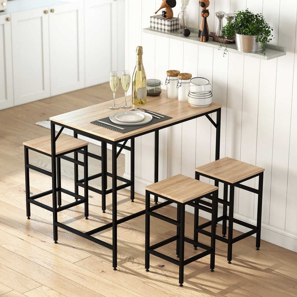 Ensemble Table de Bar Industriel + 4 tabourets Repose-Pieds en Bois couleur Chêne Clair Cadre en métal Noir-1