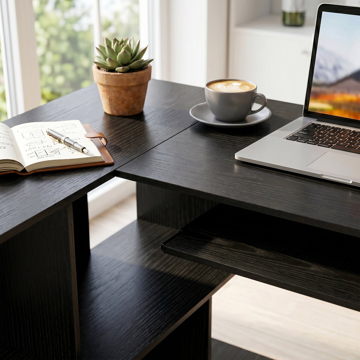 Bureau d'Angle, 120 x 100 x 76 cm, Bureau Informatique en L avec Plateau de Clavier, 4 Compartiments Ouverts, Noir-8