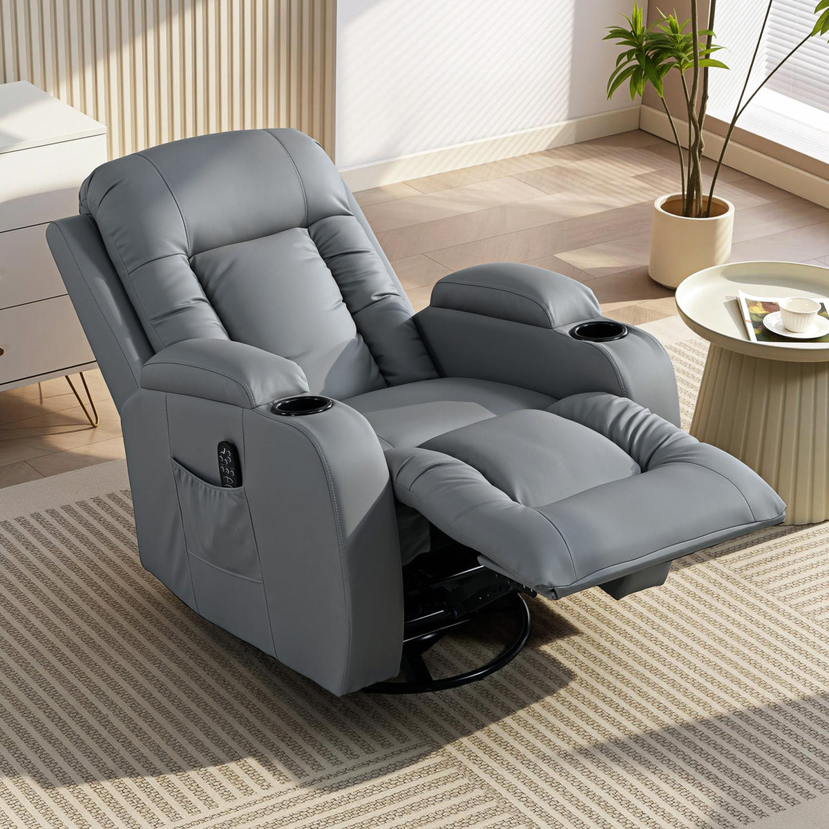 Fauteuil Inclinable de Massage et Chauffage, Fauteuil de Relaxation, Dossier Réglable, Pivotant, 82x99x103cm, Gris Clair-9