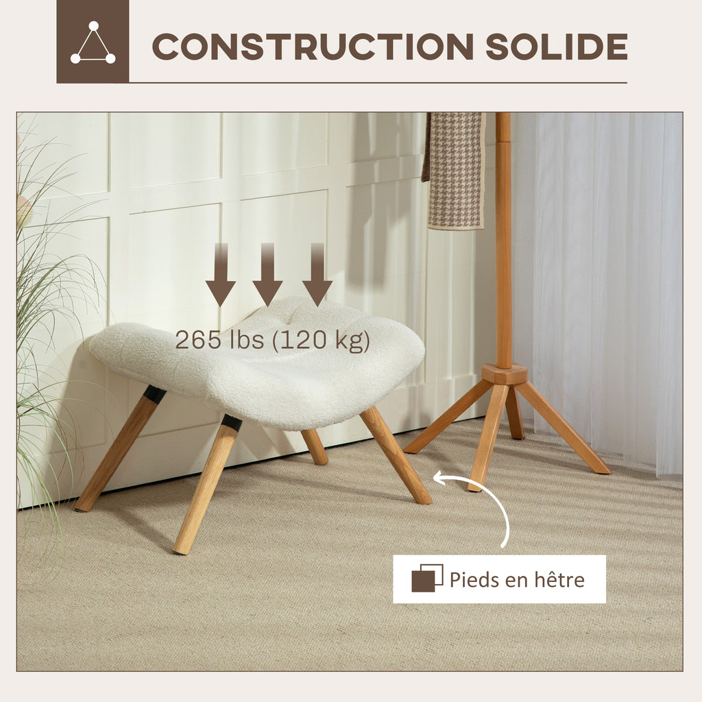 Repose pied salon ottoman pouf salon tabouret de canapé en tissu avec pieds en bois de hêtre, siège rembourré, crème-6