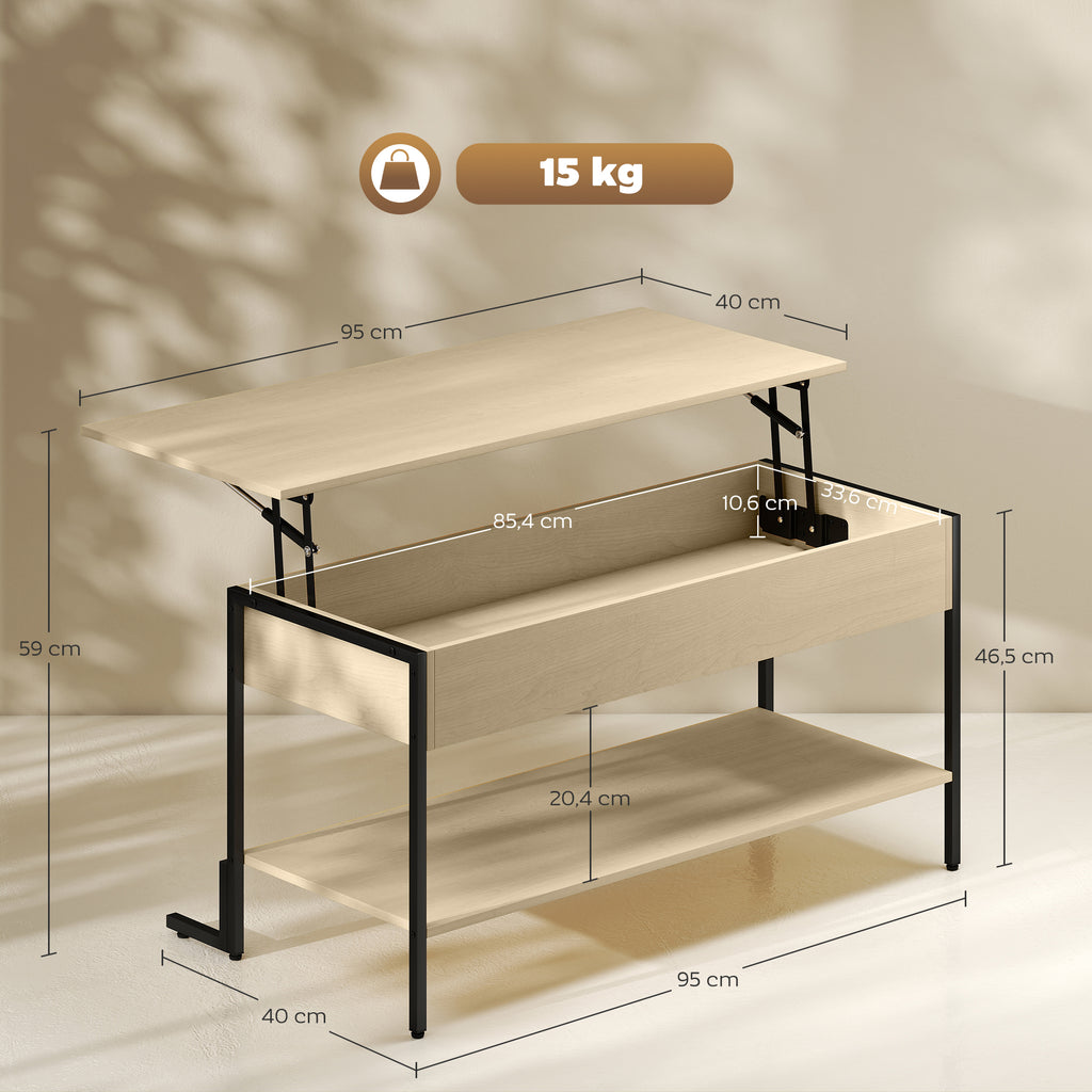 Table basse avec plateau relevable, table de salon avec compartiment caché et étagère ouverte, 95x40x59cm, bois naturel-2
