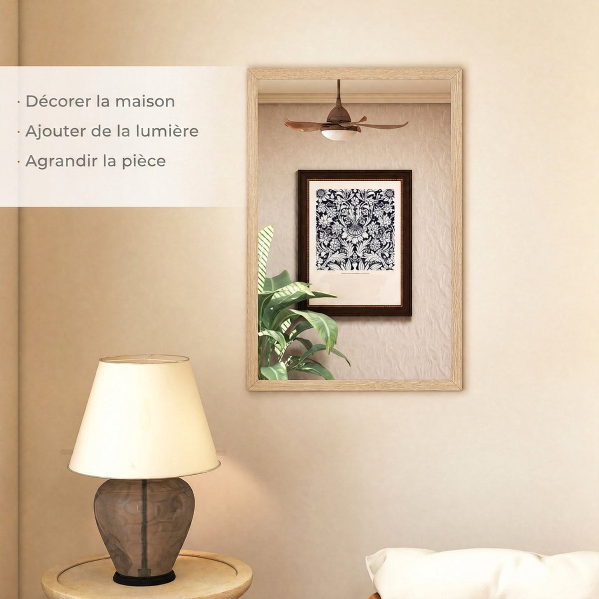 Miroir mural rectangulaire 60 x 40 cm, cadre en bois naturel, idéal pour la salle de bain, salon ou chambre-3