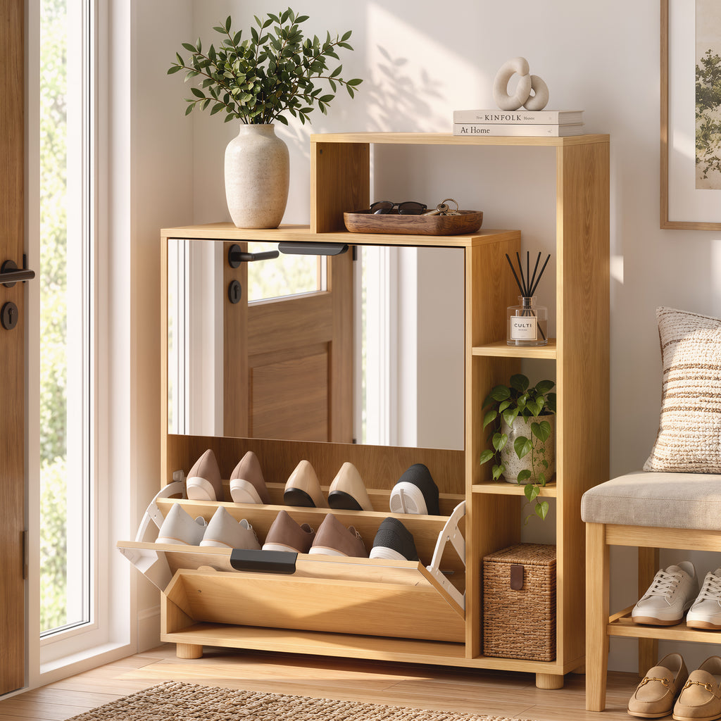 Meuble à Chaussures 10 Paires, Armoire à Chaussures, Portes en Miroir, 2 Tiroirs et Compartiments Ouverts, Chêne-9