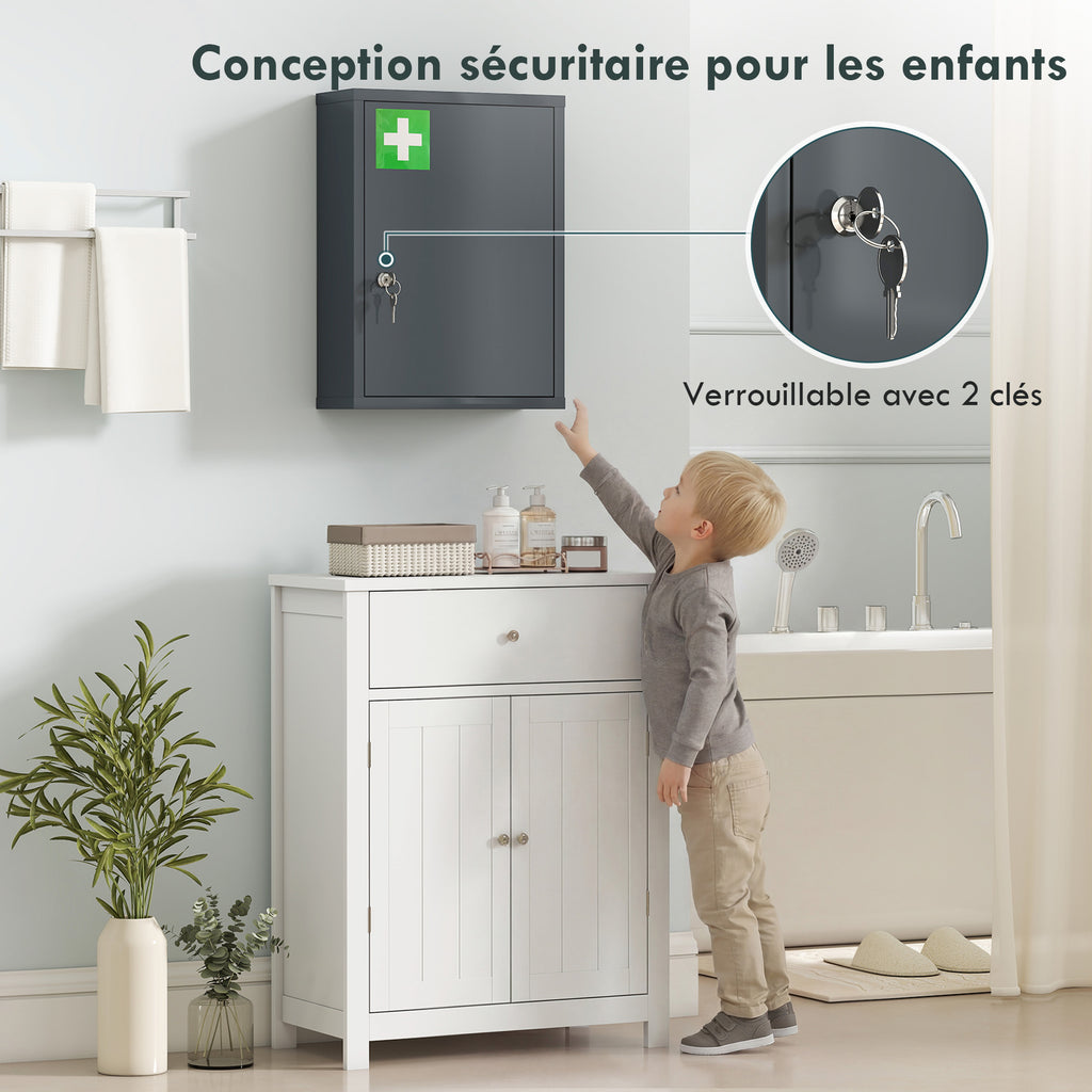 Armoire à pharmacie murale en acier, armoire à médicaments à 3 niveaux porte verrouillable 2 clés, 40x15x53,5cm, gris-3