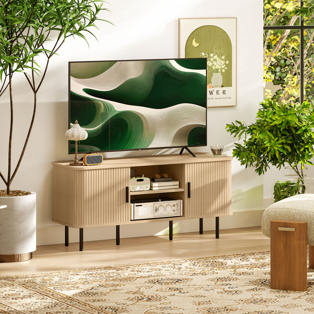 Meuble TV avec 2 portes tambour à lamelles design scandinave pour télévision jusqu'à 55 pouces 120 cm ton chêne-9