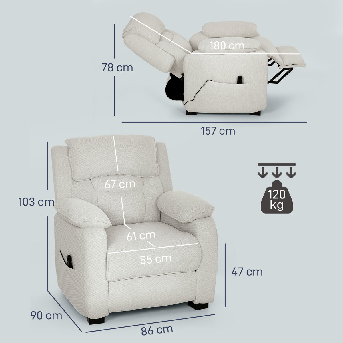 Fauteuil relax électrique fauteuil inclinable port USB repose-pieds poches latérales télécommande 86x90x103cm beige-2