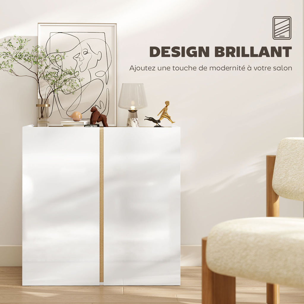 Buffet à haute brillance, meuble de rangement avec 2 portes à fermeture amortie et étagère réglable, 80x40x80cm, blanc-3