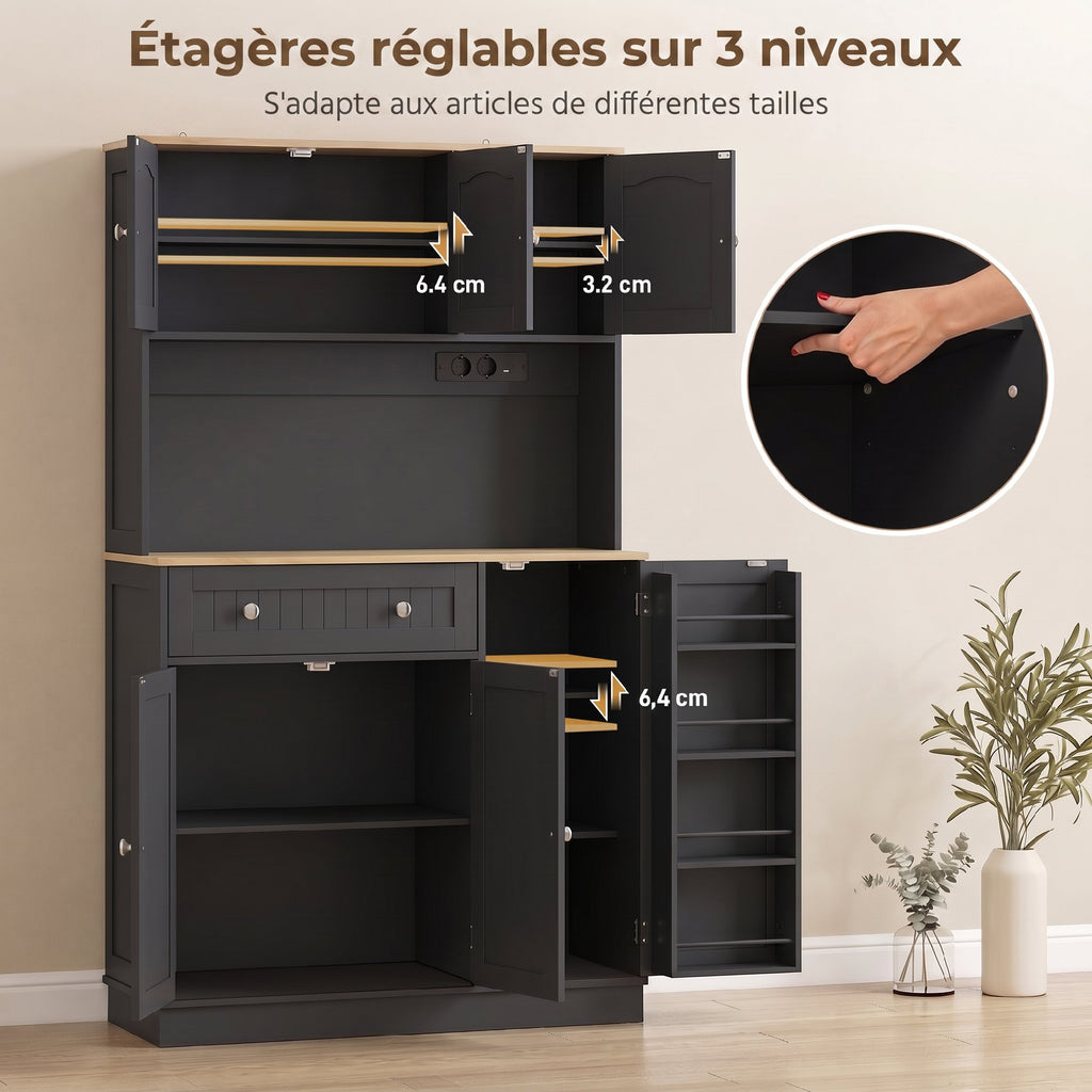 Buffet haut cuisine, armoire de cuisine, station de charge, 6 portes, plan de travail, porte-épices, 100x40x173cm, noir-4