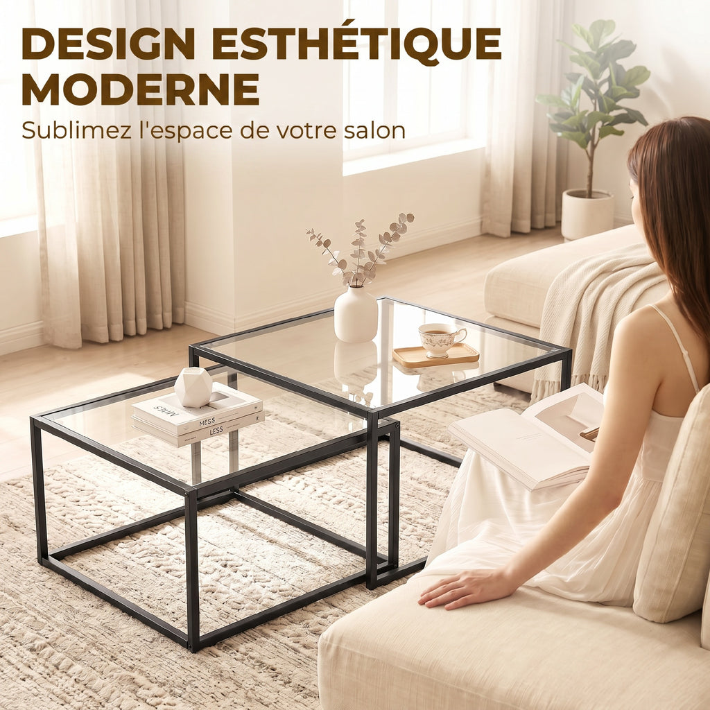 Lot de 2 tables basses gigognes, table de salon avec plateau en verre trempé et structure en métal, noir-4
