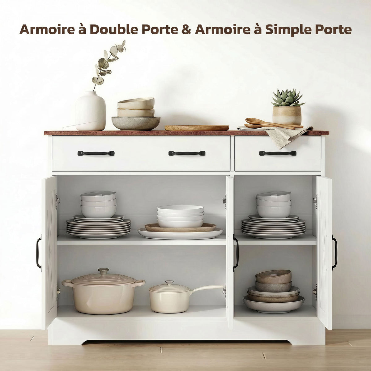 Buffet cuisine, meuble de rangement avec 3 portes de grange, 2 tiroirs et étagères réglables, 108 x 40 x 81 cm, blanc-3