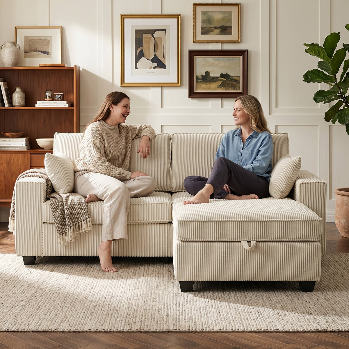 Canapé 3 Places avec Pouf de Rangement, Canapé d'Angle en Velours Côtelé, Assise Large, 2 Coussins, Beige-9
