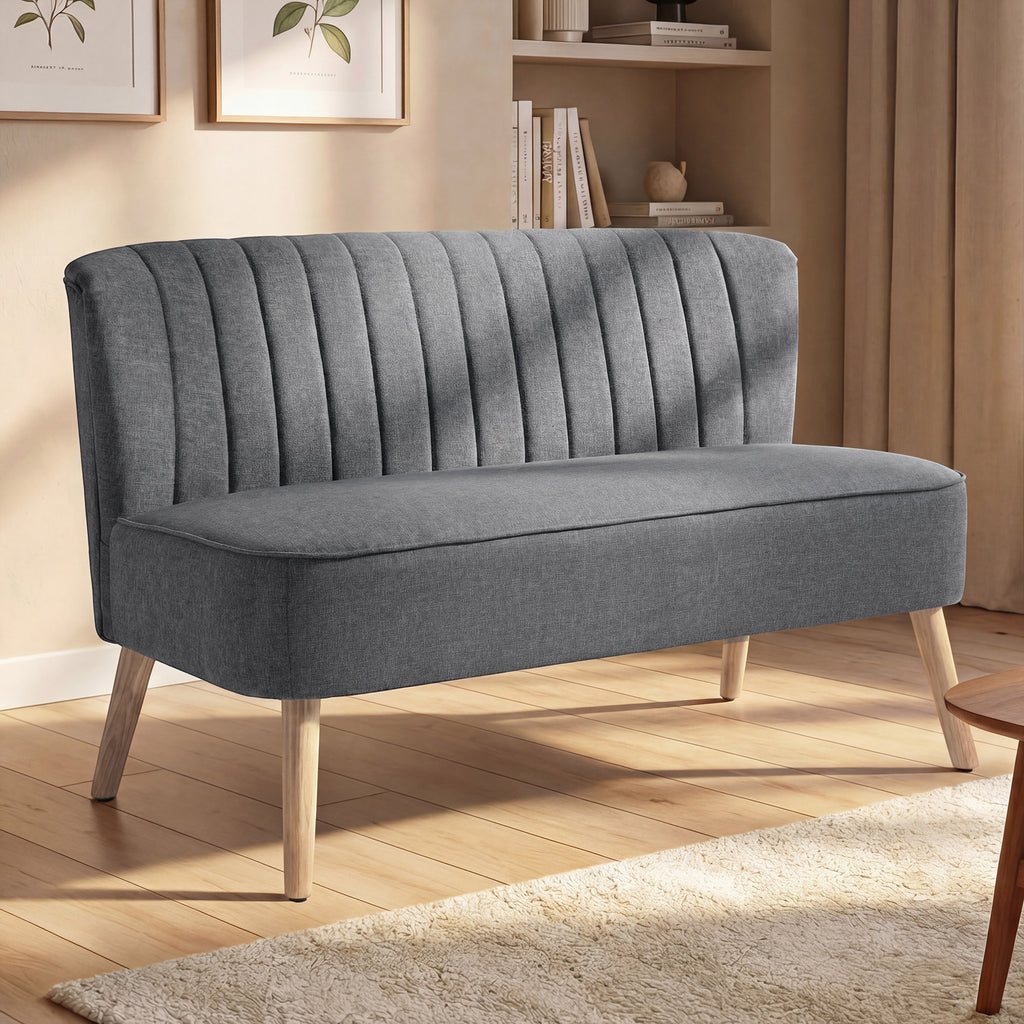 Canapé 2 Places, Canapé de Salon en Tissu Aspect Lin, Assise Rembourrée et Pieds en Bois d'Hévéa, 117x56,5x77cm, Gris-1