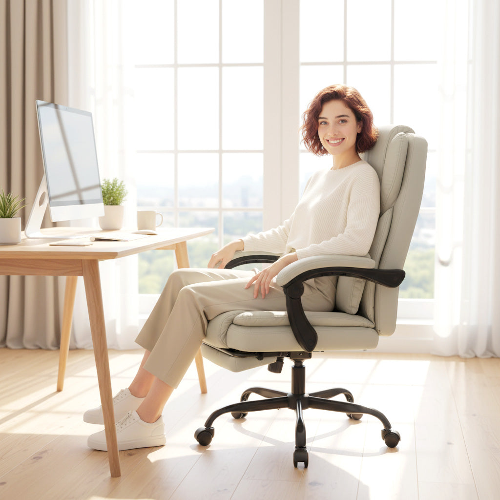 Chaise Bureau Ergonomique, Fauteuil de Bureau avec Dossier Inclinable, Hauteur Réglable, 65x67x111-119cm, Beige-9