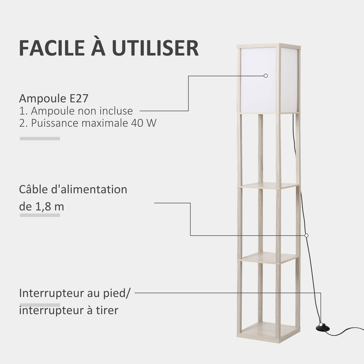 Lampadaire étagère 26L x 26l x 160H cm 3 étagères 4 Niveaux MDF chêne-4
