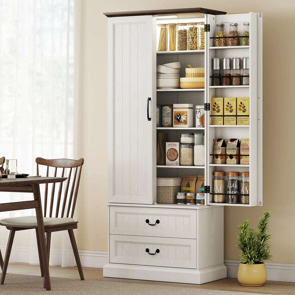 Buffet haut cuisine, armoire de cuisine, LED à capteur, 2 portes, tiroirs et étagères réglables, 76x39,5x183cm, blanc-1