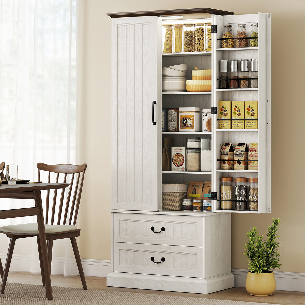 Buffet haut cuisine, armoire de cuisine, LED à capteur, 2 portes, tiroirs et étagères réglables, 76x39,5x183cm, blanc-1