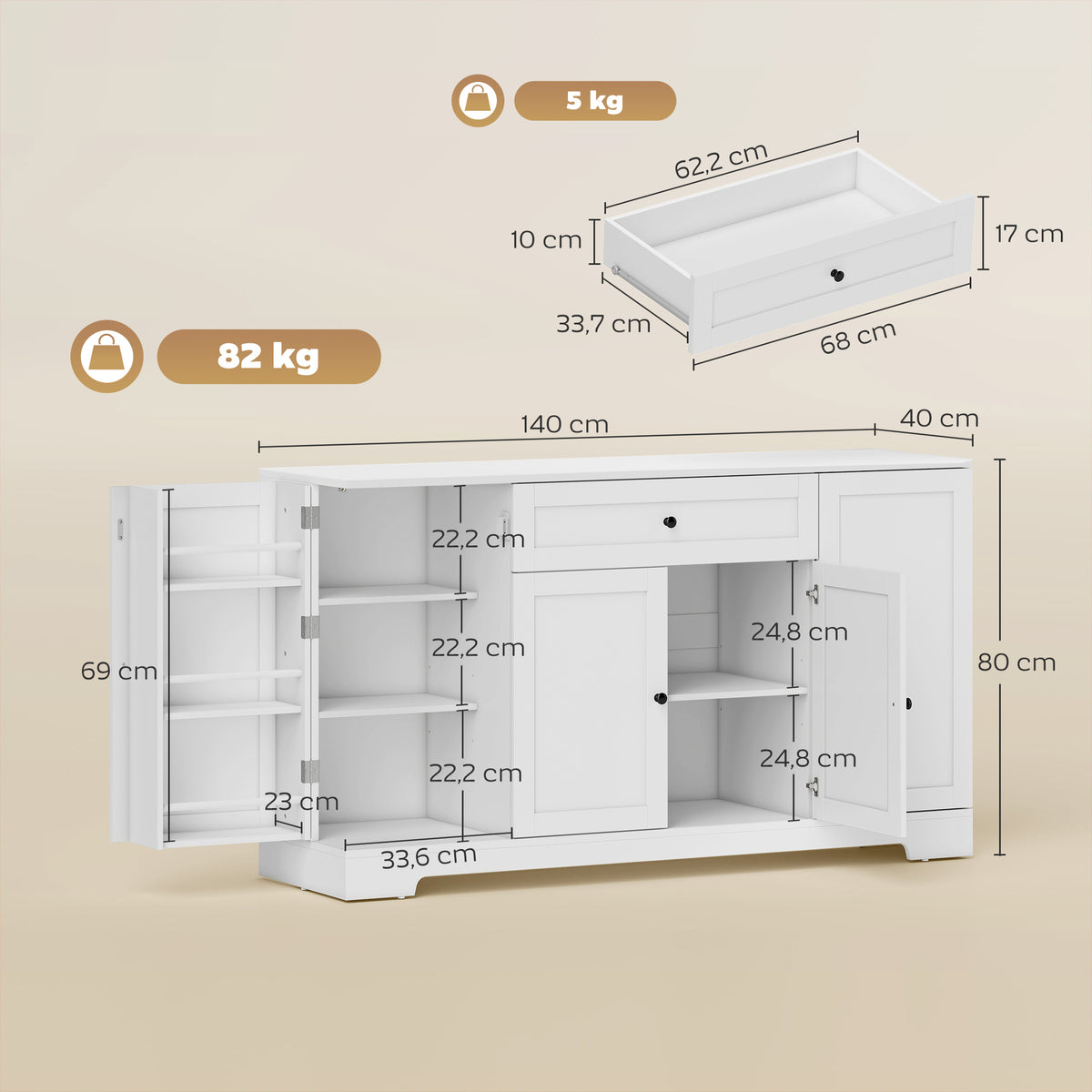Buffet cuisine, meuble de rangement avec tiroir, 4 portes à fermeture douce, racks-porte et étagères réglables, blanc-2
