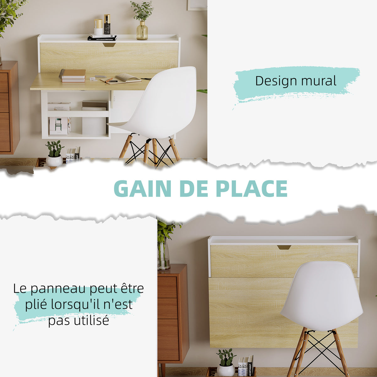 Bureau pliable mural avec étagères de rangement et placard, bureau rabattable, 100 x 18 x 74 cm effet bois naturel-3