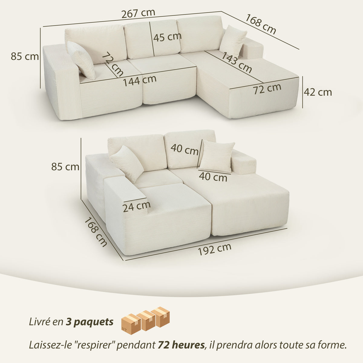 Canapé d'angle modulable 2 en 1, 267cm, canapé-lit 3 places en velours côtelé, larges assise et accoudoirs, crème-2