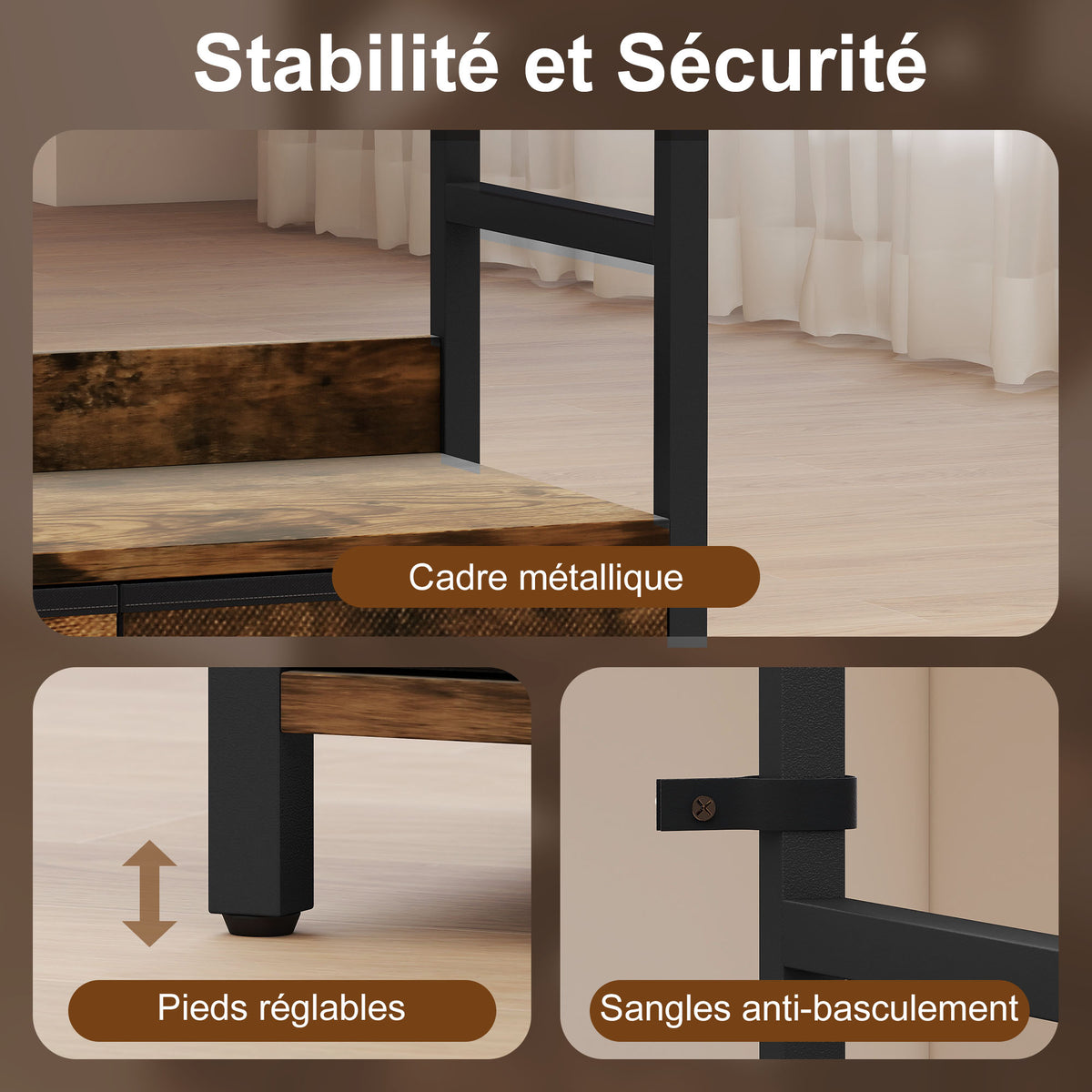 Bibliothèque étagère de rangement à 6 niveaux avec 4 étagères, 3 tiroirs en tissu, 60x30x176cm, brun rustique-5