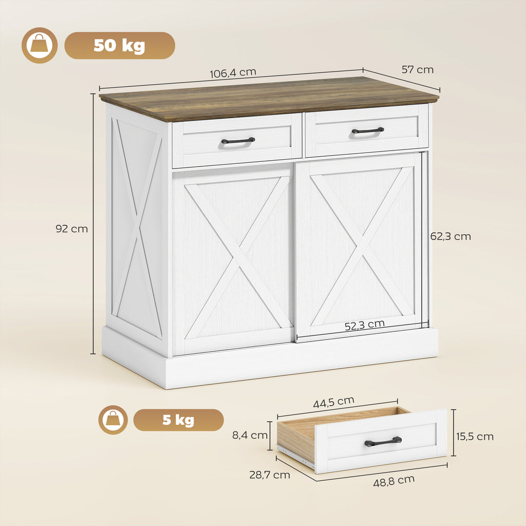 Îlot central cuisine, buffet cuisine, meuble de rangement avec 2 tiroirs 2 portes coulissantes, étagère réglable, blanc-2
