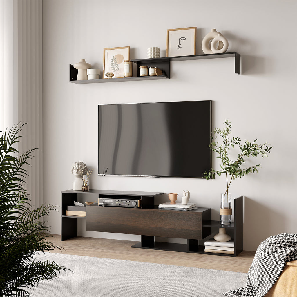 Ensemble meuble TV avec banc et étagère murale style contemporain 153,6L cm - noir-1
