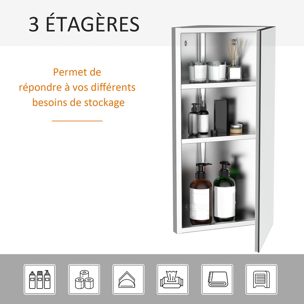 Armoire Miroir Salle de Bain Armoire de Toilette Murale Meuble d'angle 2 étagères dim. 30L x 18,4l x 60H cm Acier INOX.-3