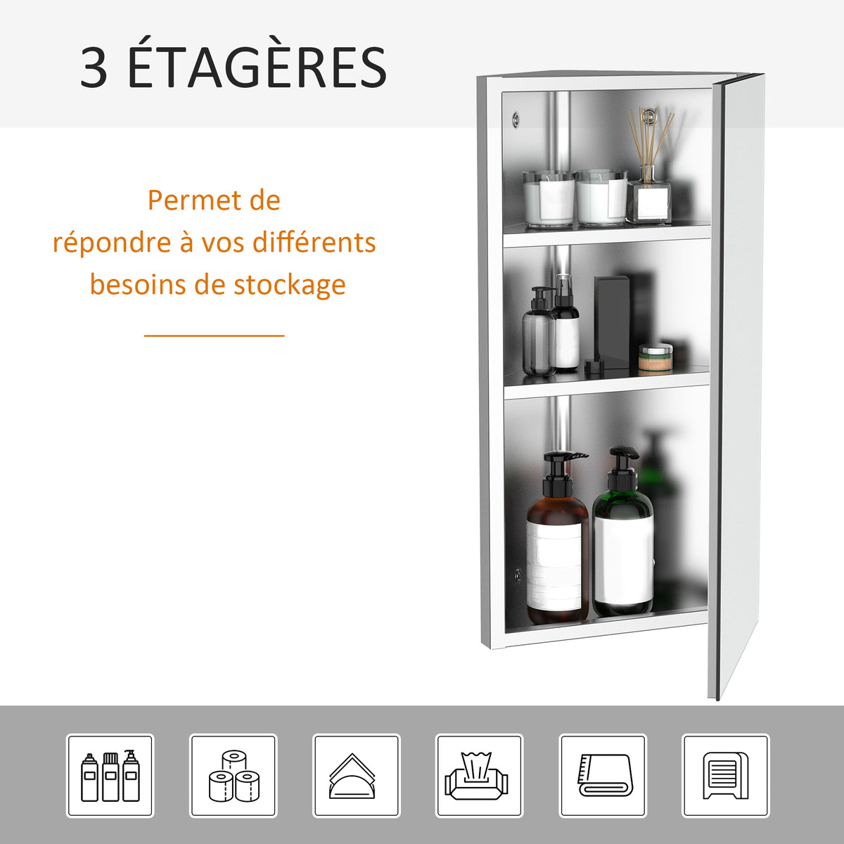 Armoire Miroir Salle de Bain Armoire de Toilette Murale Meuble d'angle 2 étagères dim. 30L x 18,4l x 60H cm Acier INOX.-3