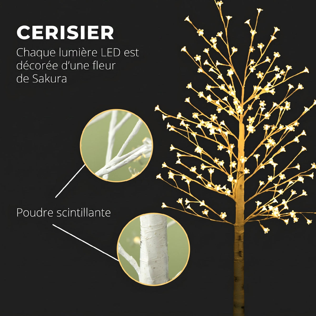 Albero di Natale luminoso 180 cm con 180 LED bianco caldo e 3 livelli di luminosità