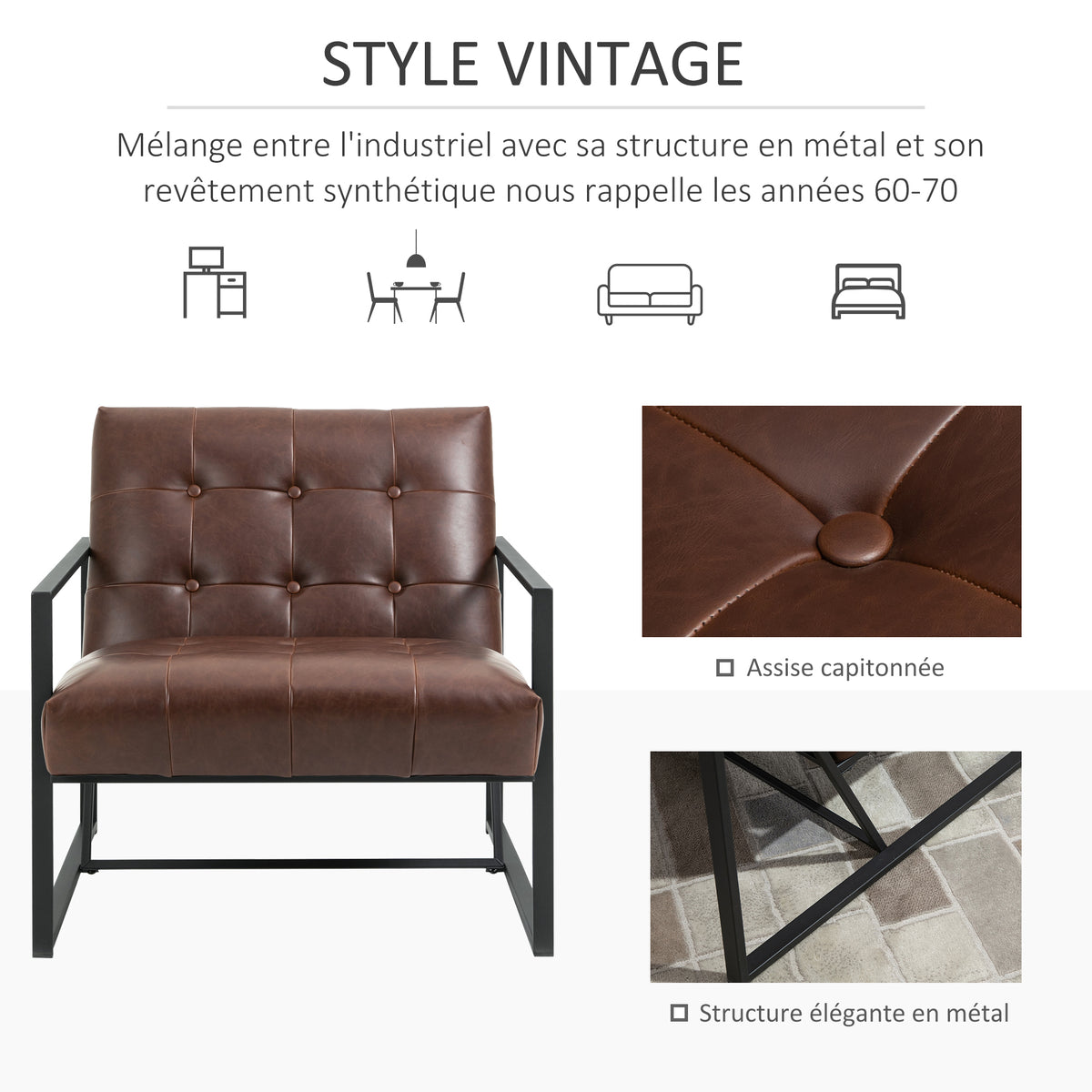 Fauteuil de salon Chesterfield Fauteuil Relax Assise Dossier capitonnés Structure métal Noir revêtement synthétique Chocolat-3