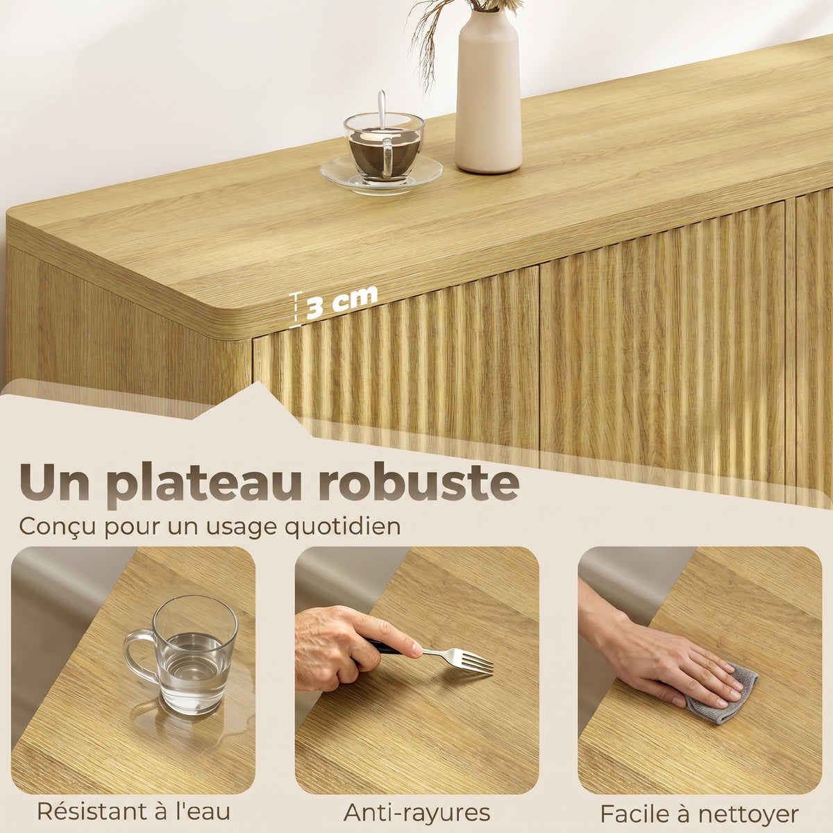 Buffet salon, meuble de rangement avec 4 portes rainurées, étagère réglable, ouverture par pression, 147x40x77cm, chêne-5