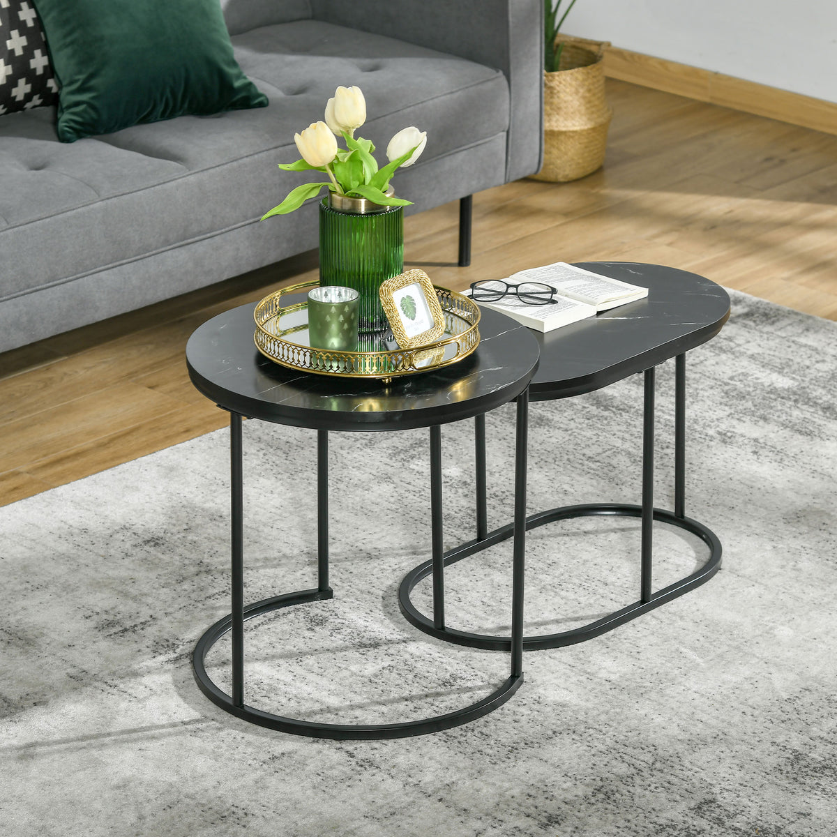 Lot de 2 tables basses tables d'appoint gigognes en acier et plateau MDF aspect marbre - table ronde et ovale - noir-1