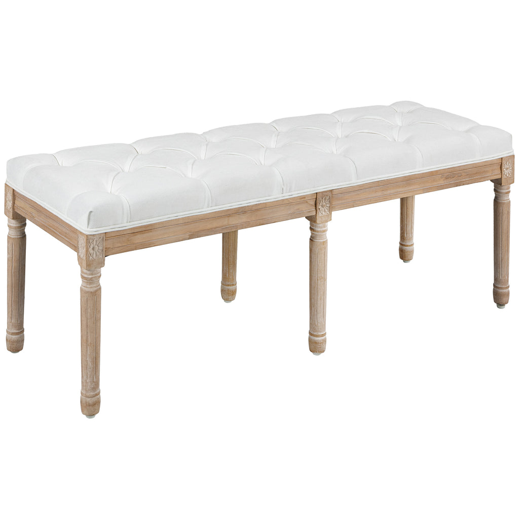Banc bout de lit banquette capitonnée style vintage français revêtement tissu aspect lin pieds en bois massif crème-0