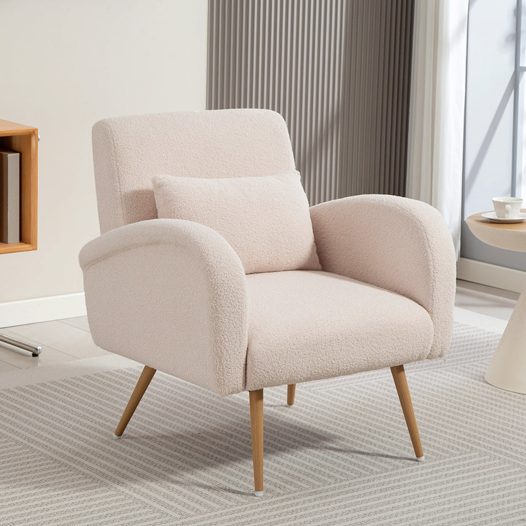 Fauteuil de salon en tissu Teddy, chaise rembourrée, assise large, coussin lombaire, pieds en métal effet bois, beige-8