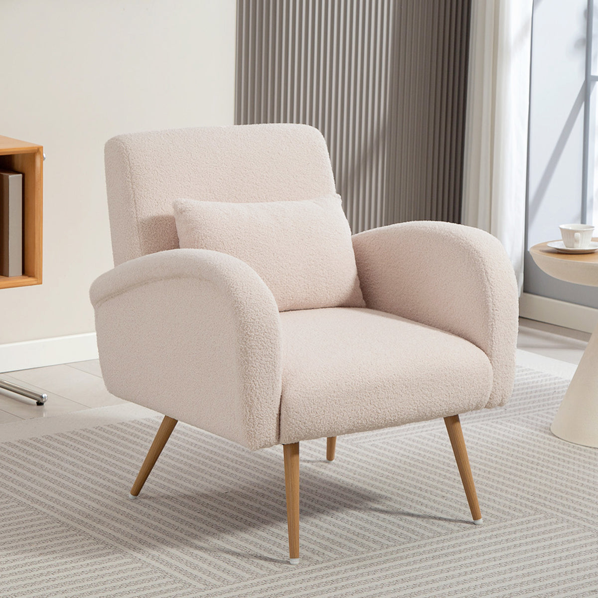 Fauteuil de salon en tissu Teddy, chaise rembourrée, assise large, coussin lombaire, pieds en métal effet bois, beige-8