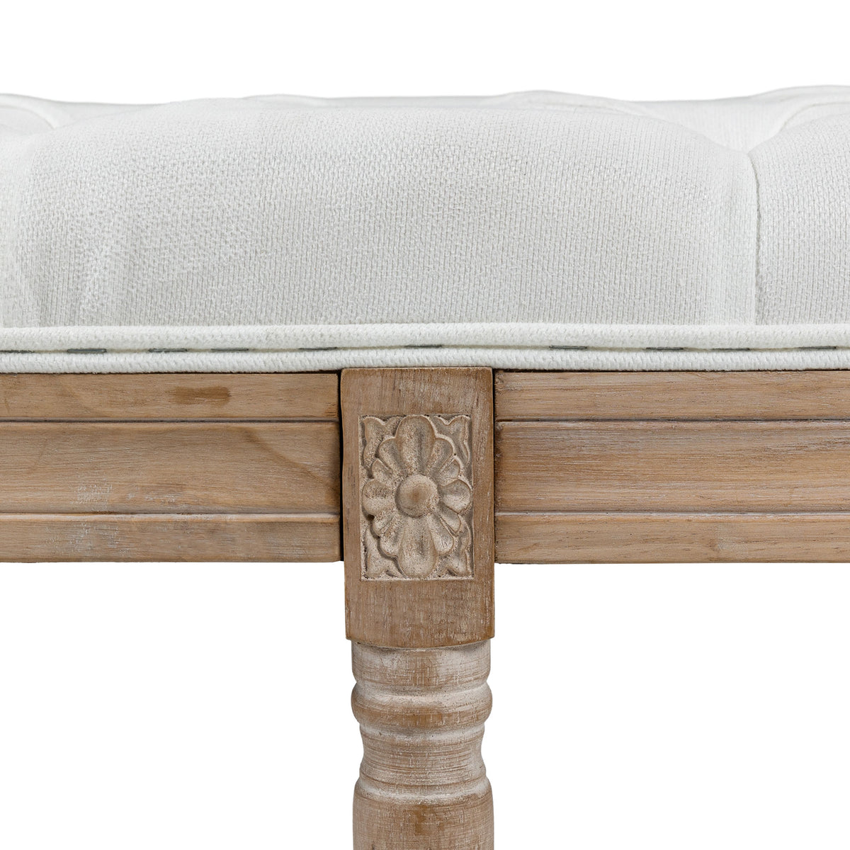 Banc bout de lit banquette capitonnée style vintage français revêtement tissu aspect lin pieds en bois massif crème-8