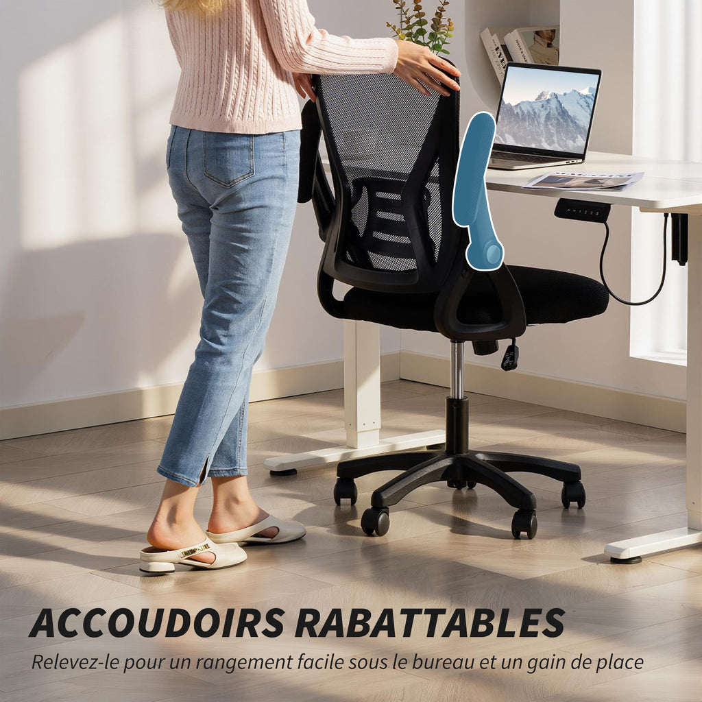 Chaise bureau ergonomique, fauteuil de bureau en maille, accoudoirs relevables, hauteur réglable, 59,5x56x103cm, noir-4