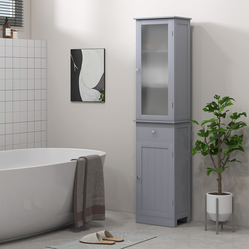 Meuble Colonne de Salle de Bain Placard Porte Acrylique 2 étagères Placard Porte 1 étagère tiroir MDF Gris-1