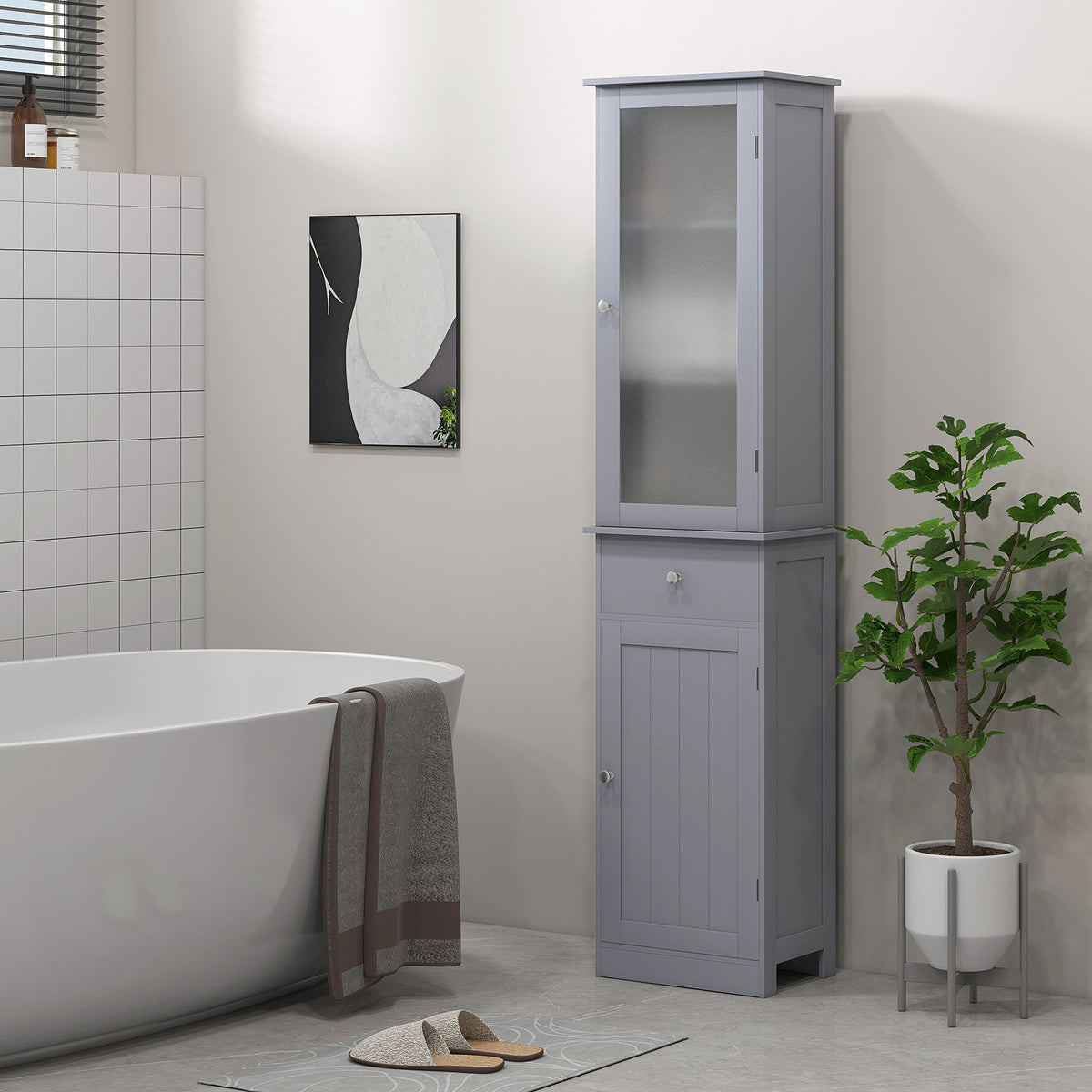 Meuble Colonne de Salle de Bain Placard Porte Acrylique 2 étagères Placard Porte 1 étagère tiroir MDF Gris-1