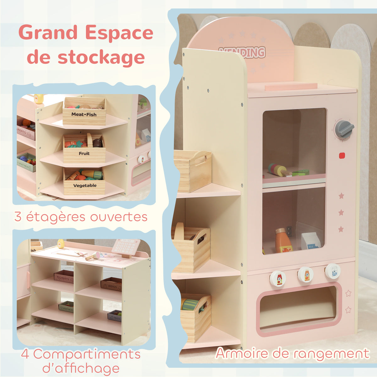 Supermarché pour enfant, marchande en bois, caisse enregistreuse, distributeur et accessoires, 90,7x60x73,8cm, vert-6