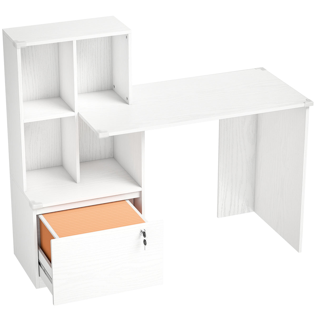 Bureau d'ordinateur avec bibliothèque 4 compartiments et tiroir verrouillable, 126 x 50 x 109 cm, grain de bois blanc-0