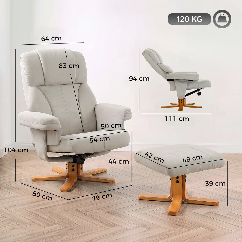 Fauteuil relax avec repose-pied, fauteuil de relaxation, dossier inclinable, assise rembourrée, 79x80x104cm, crème-2