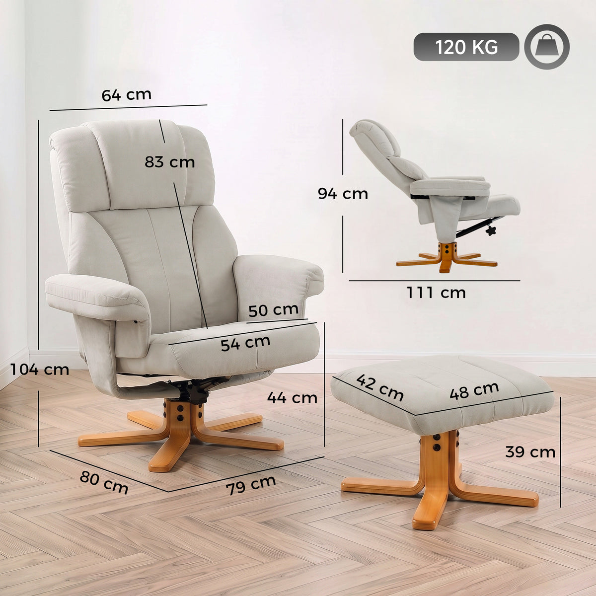Fauteuil relax avec repose-pied, fauteuil de relaxation, dossier inclinable, assise rembourrée, 79x80x104cm, crème-2