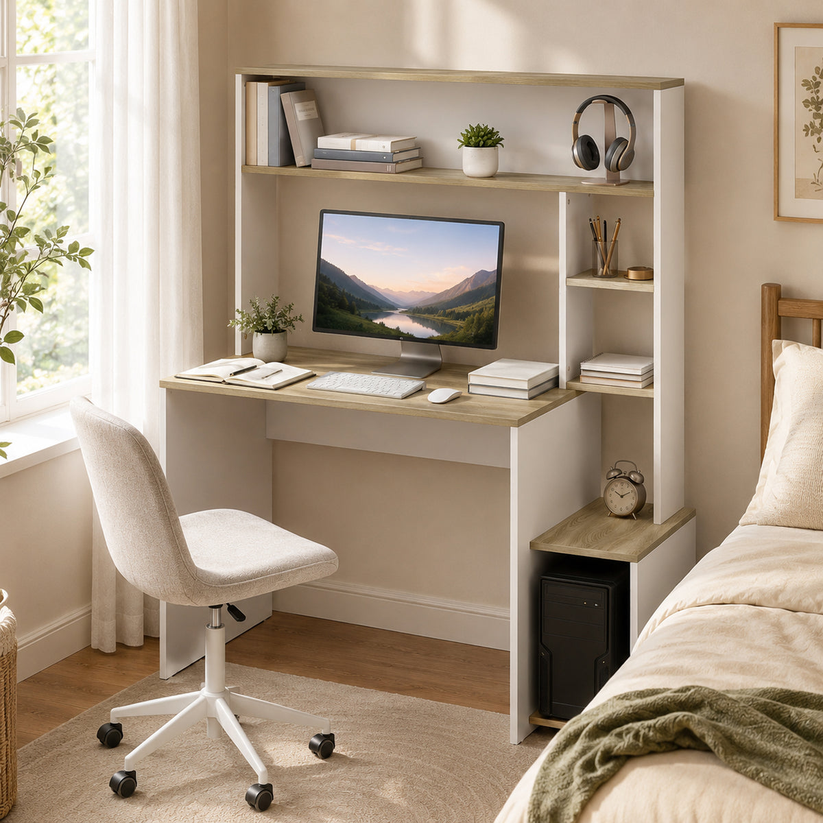 Bureau Informatique, 114 x 45 x 138 cm, Bureau avec Rangement, Étagères Ouvertes et Support UC, Blanc et Bois Naturel-6