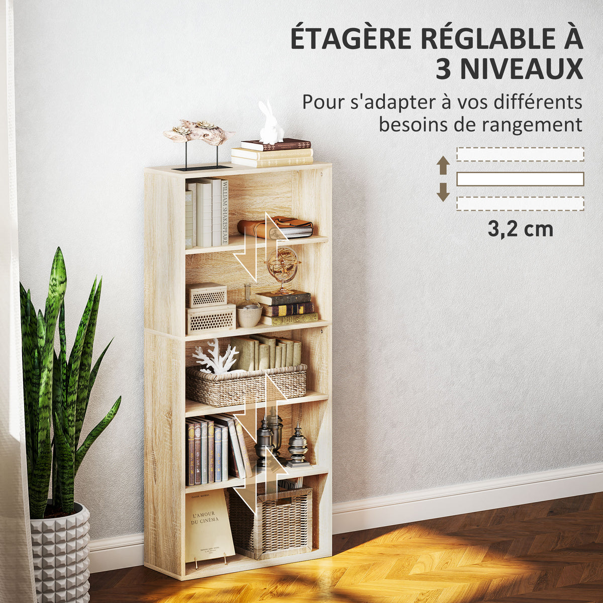 Bibliothèque étagère de rangement 5 niveaux avec étagères réglables pour salon, chambre, bureau, 60x24x133,5cm, naturel-4
