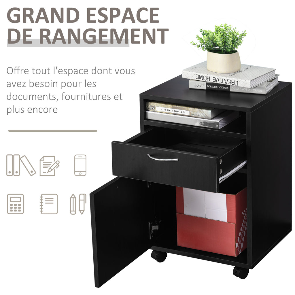 Caisson de bureau rangement bureau sur roulettes tiroir placard niche panneaux particules noir-3