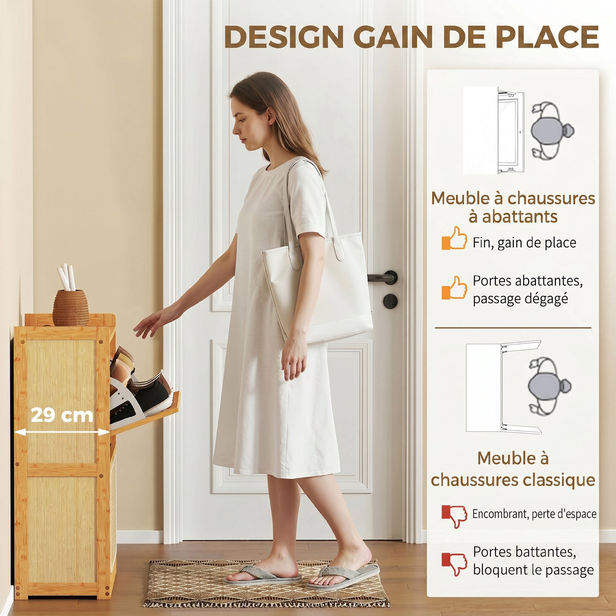 Meuble à chaussures 14 paires, armoire à chaussures 2 tiroirs rabattables, étagères réglables, 69x29x83cm, bois naturel-3