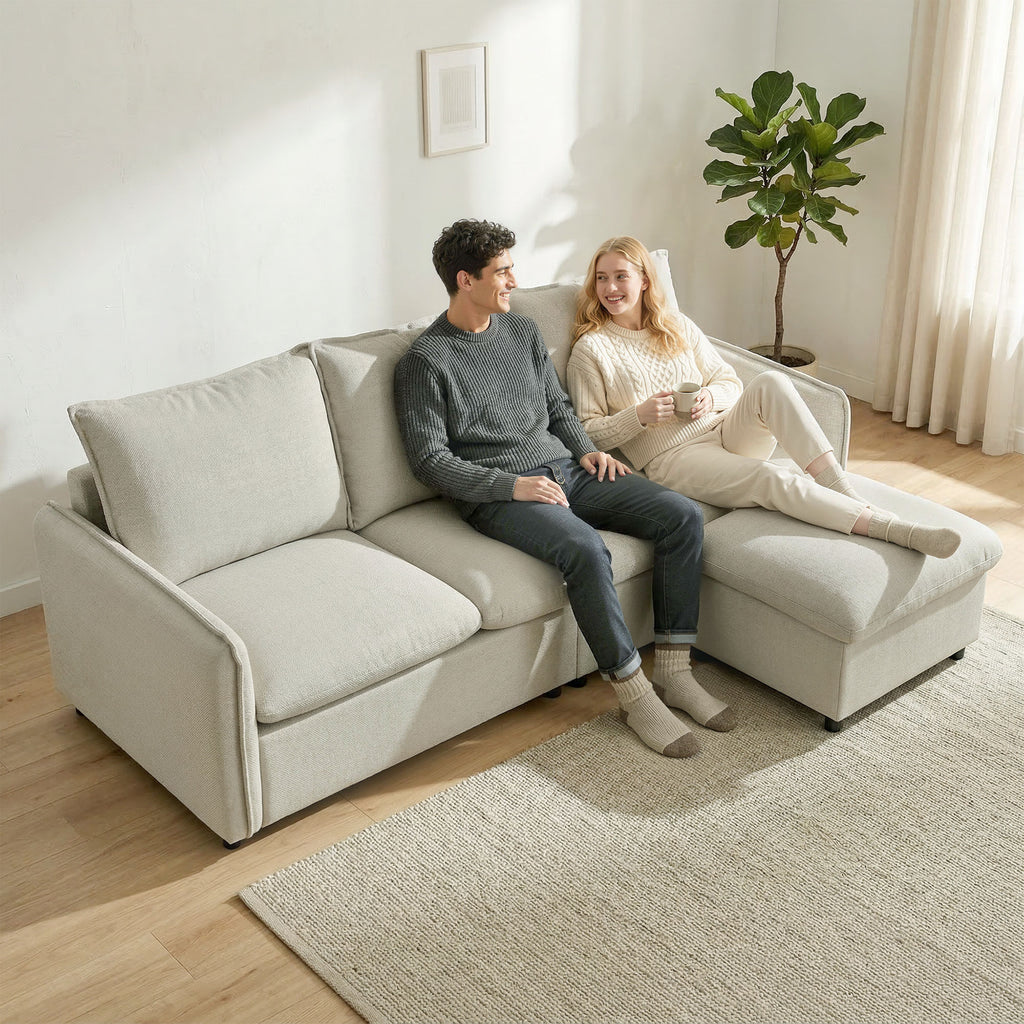 Canapé 3 places avec pouf de rangement, canapé d'angle modulable 212 cm, coussins à ressorts, tissu en lin, crème-7