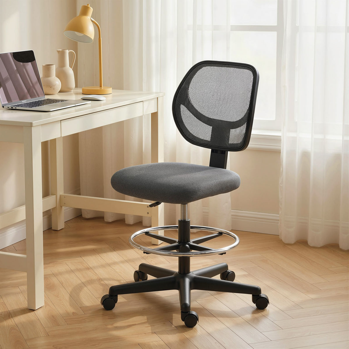 Chaise bureau ergonomique, fauteuil de bureau avec repose-pieds, chaise à dessin en maille, hauteur réglable, gris foncé-9